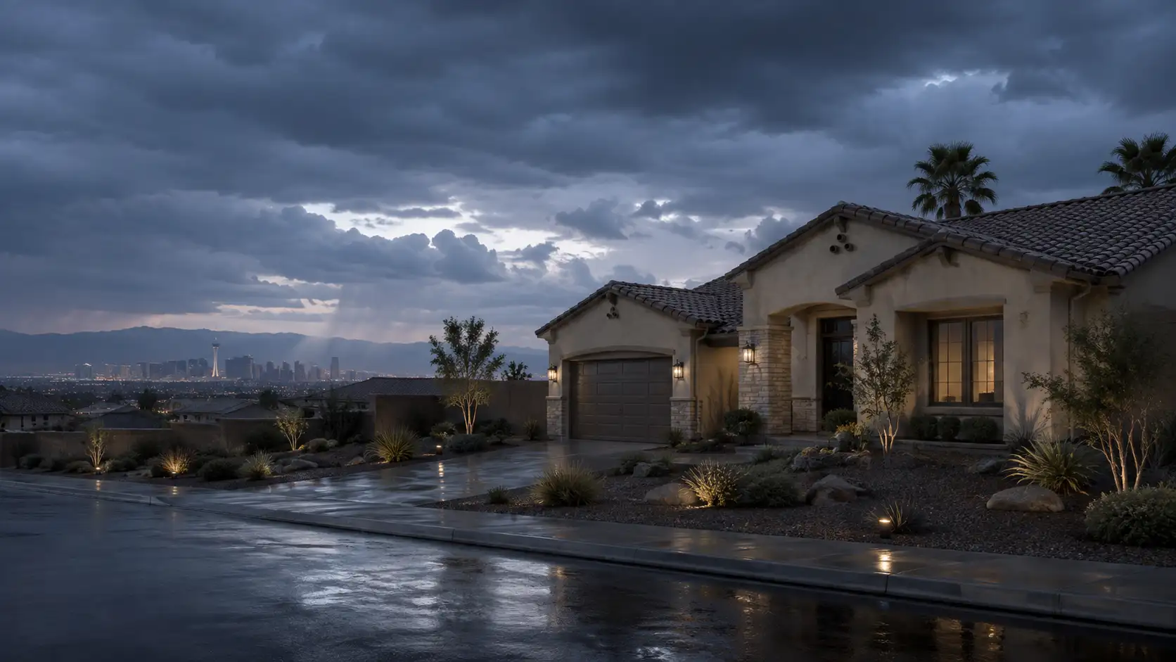 Storm-damaged Las Vegas area desert home at dusk